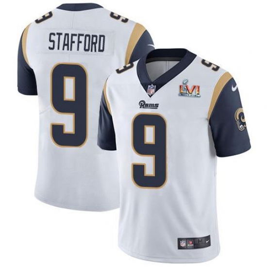 Men's Nike Los Angeles Rams #9 Matthew Stafford White Super Bowl LVI Patch Stitched NFL Vapor Untouchable Limited Jersey Men's Nike Los Angeles Rams #9 Matthew Stafford White Super Bowl LVI Patch Stitched NFL Vapor Untouchable Limited Jersey