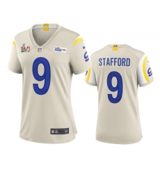 Women's Los Angeles Rams #9 Matthew Stafford Super Bowl LVI Patch Nike Game NFL Jersey - Bone Women's Los Angeles Rams #9 Matthew Stafford Super Bowl LVI Patch Nike Game NFL Jersey - Bone