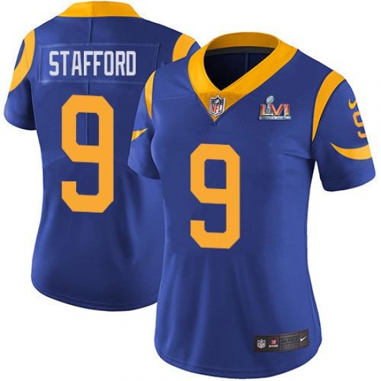 Women's Nike Los Angeles Rams #9 Matthew Stafford Royal Blue Alternate Super Bowl LVI Patch Stitched NFL Vapor Untouchable Limited Jersey Women's Nike Los Angeles Rams #9 Matthew Stafford Royal Blue Alternate Super Bowl LVI Patch Stitched NFL Vapor Untouchable Limited Jersey