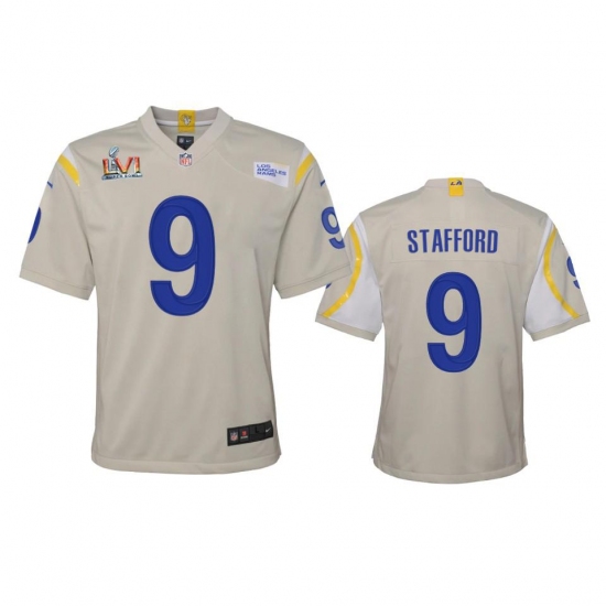 Youth Los Angeles Rams #9 Matthew Stafford Super Bowl LVI Patch Nike Game NFL Jersey - Bone Youth Los Angeles Rams #9 Matthew Stafford Super Bowl LVI Patch Nike Game NFL Jersey - Bone