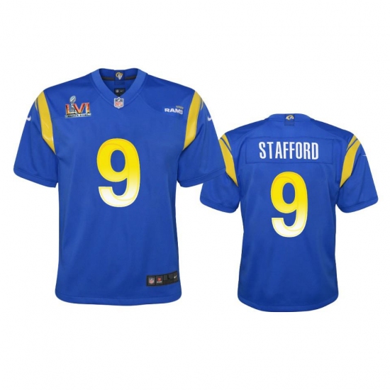 Youth Los Angeles Rams #9 Matthew Stafford Super Bowl LVI Patch Nike Game NFL Jersey - Royal Youth Los Angeles Rams #9 Matthew Stafford Super Bowl LVI Patch Nike Game NFL Jersey - Royal