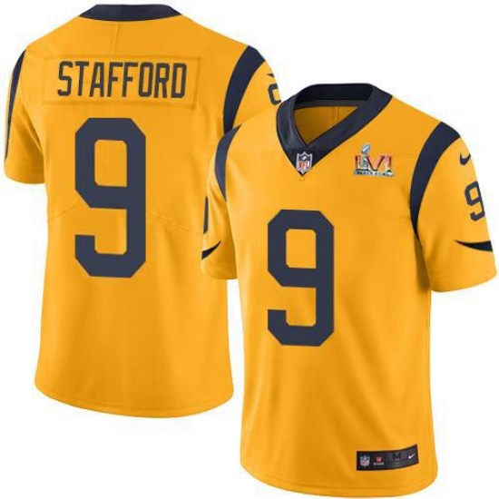 Youth Nike Los Angeles Rams #9 Matthew Stafford Gold Super Bowl LVI Patch Stitched NFL Limited Rush Jersey Youth Nike Los Angeles Rams #9 Matthew Stafford Gold Super Bowl LVI Patch Stitched NFL Limited Rush Jersey