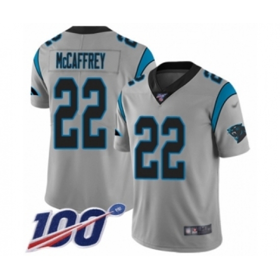 Men's Carolina Panthers #22 Christian McCaffrey Silver Inverted Legend Limited 100th Season Football Jersey Men's Carolina Panthers #22 Christian McCaffrey Silver Inverted Legend Limited 100th Season Football Jersey