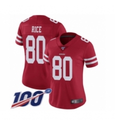 Women's San Francisco 49ers #80 Jerry Rice Red Team Color Vapor Untouchable Limited Player 100th Season Football Jersey