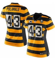 Women's Nike Pittsburgh Steelers #43 Troy Polamalu Elite Yellow/Black Alternate 80TH Anniversary Throwback C Patch NFL Jersey