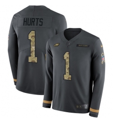 Men's Nike Philadelphia Eagles #1 Jalen Hurts Anthracite Salute to Service Stitched NFL Limited Therma Long Sleeve Jersey