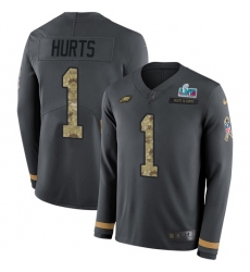 Men's Nike Philadelphia Eagles #1 Jalen Hurts Anthracite Super Bowl LVII Patch Salute to Service Stitched NFL Limited Therma Long Sleeve Jersey