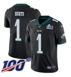 Men's Nike Philadelphia Eagles #1 Jalen Hurts Black Super Bowl LVII Patch Alternate Stitched NFL 100th Season Vapor Limited Jersey