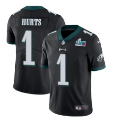 Men's Nike Philadelphia Eagles #1 Jalen Hurts Black Super Bowl LVII Patch Alternate Stitched NFL Vapor Untouchable Limited Jersey