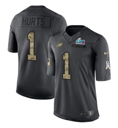 Men's Nike Philadelphia Eagles #1 Jalen Hurts Black Super Bowl LVII Patch Stitched NFL Limited 2016 Salute to Service Jersey