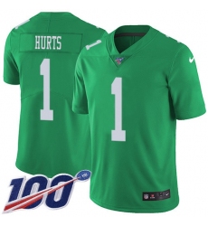 Men's Nike Philadelphia Eagles #1 Jalen Hurts Green Stitched NFL Limited Rush 100th Season Jersey