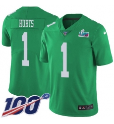 Men's Nike Philadelphia Eagles #1 Jalen Hurts Green Super Bowl LVII Patch Stitched NFL Limited Rush 100th Season Jersey