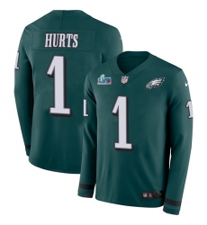 Men's Nike Philadelphia Eagles #1 Jalen Hurts Green Super Bowl LVII Patch Team Color Stitched NFL Limited Therma Long Sleeve Jersey