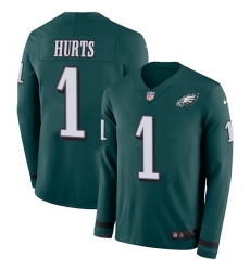 Men's Nike Philadelphia Eagles #1 Jalen Hurts Green Team Color Stitched NFL Limited Therma Long Sleeve Jersey