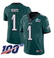 Men's Nike Philadelphia Eagles #1 Jalen Hurts Green Team Color Super Bowl LVII Patch Stitched NFL 100th Season Vapor Limited Jersey