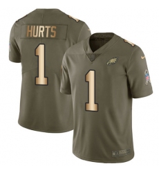 Men's Nike Philadelphia Eagles #1 Jalen Hurts Olive-Gold Stitched NFL Limited 2017 Salute To Service Jersey