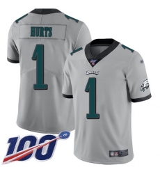 Men's Nike Philadelphia Eagles #1 Jalen Hurts Silver Stitched NFL Limited Inverted Legend 100th Season Jersey