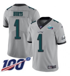 Men's Nike Philadelphia Eagles #1 Jalen Hurts Silver Super Bowl LVII Patch Stitched NFL Limited Inverted Legend 100th Season Jersey