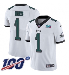 Men's Nike Philadelphia Eagles #1 Jalen Hurts White Super Bowl LVII Patch Stitched NFL 100th Season Vapor Limited Jersey