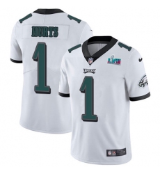 Men's Nike Philadelphia Eagles #1 Jalen Hurts White Super Bowl LVII Patch Stitched NFL Vapor Untouchable Limited Jersey