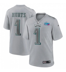 Men's Philadelphia Eagles #1 Jalen Hurts Nike Super Bowl LVII Patch Atmosphere Fashion Game Jersey - Gray