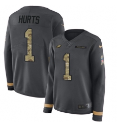 Women's Nike Philadelphia Eagles #1 Jalen Hurts Anthracite Salute to Service Stitched NFL Limited Therma Long Sleeve Jersey
