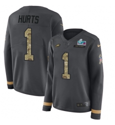 Women's Nike Philadelphia Eagles #1 Jalen Hurts Anthracite Super Bowl LVII Patch Salute to Service Stitched NFL Limited Therma Long Sleeve Jersey
