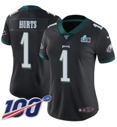 Women's Nike Philadelphia Eagles #1 Jalen Hurts Black Super Bowl LVII Patch Alternate Stitched NFL 100th Season Vapor Limited Jersey