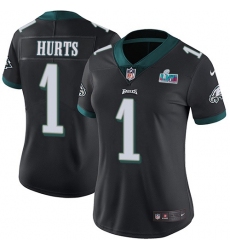 Women's Nike Philadelphia Eagles #1 Jalen Hurts Black Super Bowl LVII Patch Alternate Stitched NFL Vapor Untouchable Limited Jersey