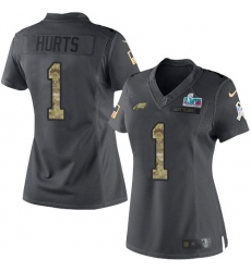 Women's Nike Philadelphia Eagles #1 Jalen Hurts Black Super Bowl LVII Patch Stitched NFL Limited 2016 Salute to Service Jersey