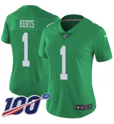 Women's Nike Philadelphia Eagles #1 Jalen Hurts Green Stitched NFL Limited Rush 100th Season Jersey