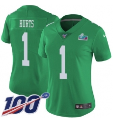 Women's Nike Philadelphia Eagles #1 Jalen Hurts Green Super Bowl LVII Patch Stitched NFL Limited Rush 100th Season Jersey