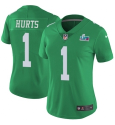 Women's Nike Philadelphia Eagles #1 Jalen Hurts Green Super Bowl LVII Patch Stitched NFL Limited Rush Jersey