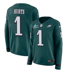 Women's Nike Philadelphia Eagles #1 Jalen Hurts Green Super Bowl LVII Patch Team Color Stitched NFL Limited Therma Long Sleeve Jersey