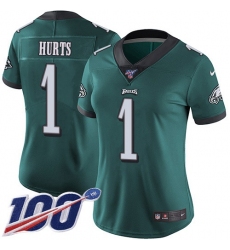 Women's Nike Philadelphia Eagles #1 Jalen Hurts Green Team Color Stitched NFL 100th Season Vapor Untouchable Limited Jersey