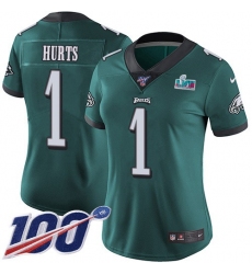 Women's Nike Philadelphia Eagles #1 Jalen Hurts Green Team Color Super Bowl LVII Patch Stitched NFL 100th Season Vapor Limited Jersey