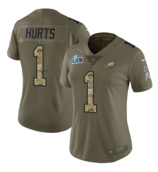 Women's Nike Philadelphia Eagles #1 Jalen Hurts Olive-Camo Super Bowl LVII Patch Stitched NFL Limited 2017 Salute To Service Jersey