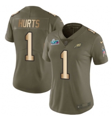 Women's Nike Philadelphia Eagles #1 Jalen Hurts Olive-Gold Super Bowl LVII Patch Stitched NFL Limited 2017 Salute To Service Jersey