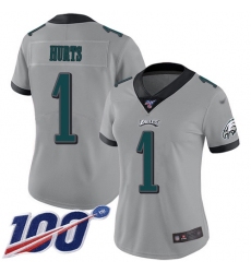 Women's Nike Philadelphia Eagles #1 Jalen Hurts Silver Stitched NFL Limited Inverted Legend 100th Season Jersey