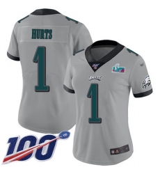 Women's Nike Philadelphia Eagles #1 Jalen Hurts Silver Super Bowl LVII Patch Stitched NFL Limited Inverted Legend 100th Season Jersey