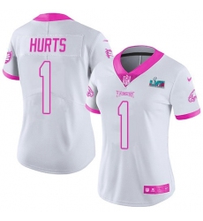 Women's Nike Philadelphia Eagles #1 Jalen Hurts White-Pink Super Bowl LVII Patch Stitched NFL Limited Rush Fashion Jersey