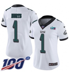 Women's Nike Philadelphia Eagles #1 Jalen Hurts White Super Bowl LVII Patch Stitched NFL 100th Season Vapor Limited Jersey