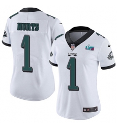 Women's Nike Philadelphia Eagles #1 Jalen Hurts White Super Bowl LVII Patch Stitched NFL Vapor Untouchable Limited Jersey