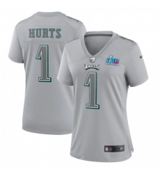 Women's Philadelphia Eagles #1 Jalen Hurts Nike Super Bowl LVII Patch Atmosphere Fashion Game Jersey - Gray