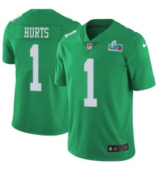 Youth Nike Philadelphia Eagles #1 Jalen Hurts Green Super Bowl LVII Patch Stitched NFL Limited Rush Jersey