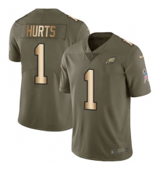 Youth Nike Philadelphia Eagles #1 Jalen Hurts Olive-Gold Stitched NFL Limited 2017 Salute To Service Jersey