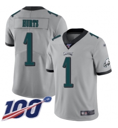 Youth Nike Philadelphia Eagles #1 Jalen Hurts Silver Stitched NFL Limited Inverted Legend 100th Season Jersey