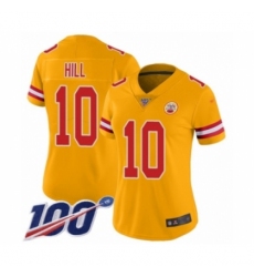 Women's Kansas City Chiefs #10 Tyreek Hill Limited Gold Inverted Legend 100th Season Football Jersey