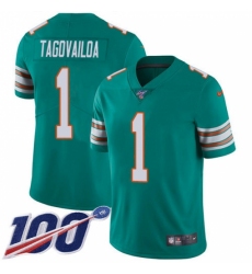 Men's Miami Dolphins #1 Tua Tagovailoa Aqua Green Alternate Stitched 100th Season Vapor Untouchable Limited Jersey