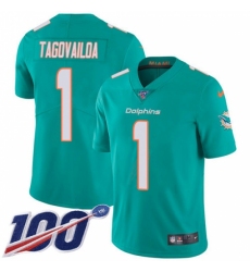 Men's Miami Dolphins #1 Tua Tagovailoa Aqua Green Team Color Stitched 100th Season Vapor Untouchable Limited Jersey
